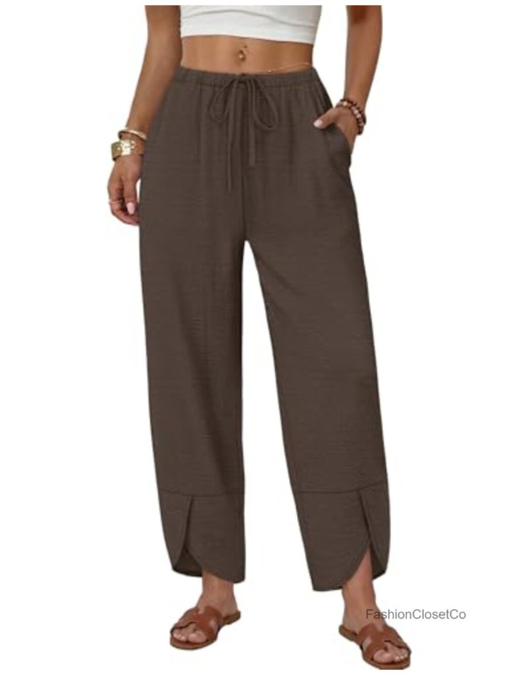 Wide Leg Palazzo Capri Pants with Pockets Drawstring Elastic Waist Lightweight